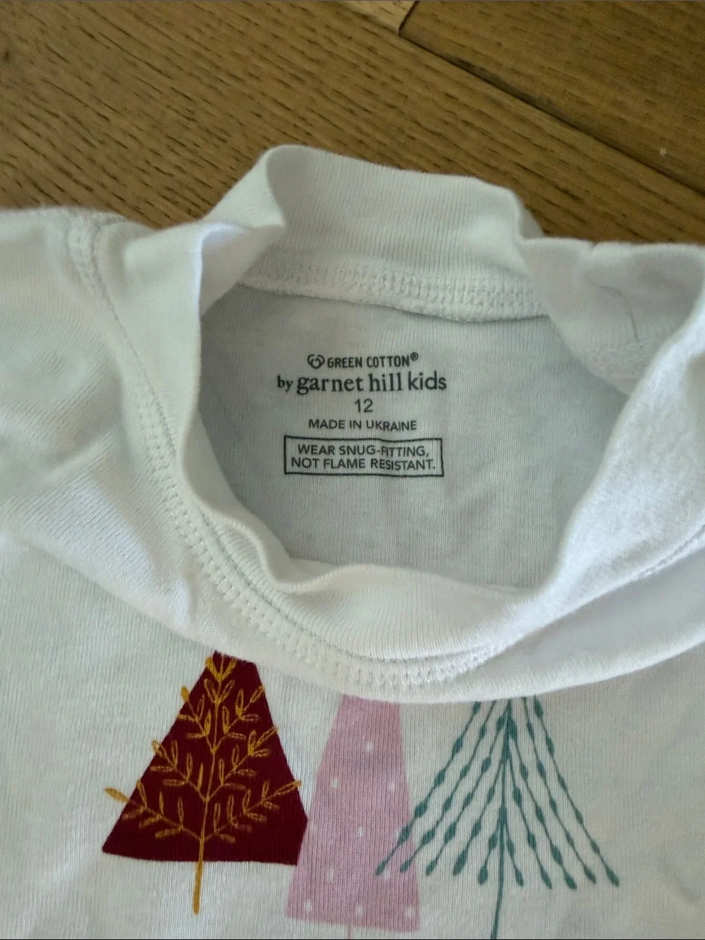 Garnet Hill White Top with Pink Multicolor Christmas Tree Print Pajama Set